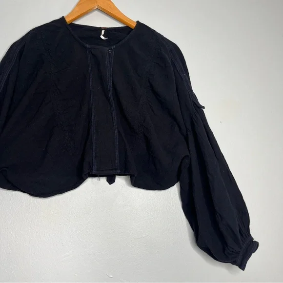 Free People Day Dreaming Black Button Front Balloon Sleeve Blouse Top FLAWED - Picture 7 of 11